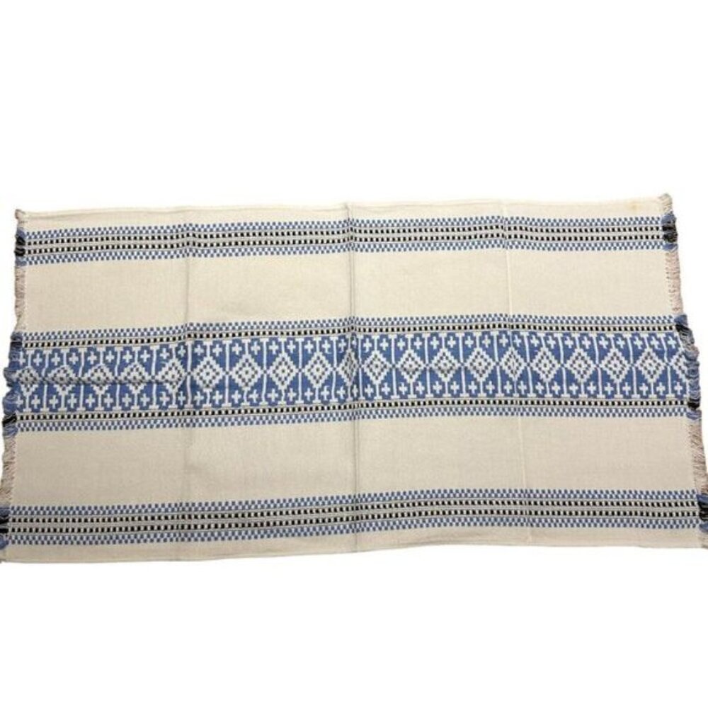 Vintage Hungarian Woven Small Table Runner 32 Inch Light Blue White